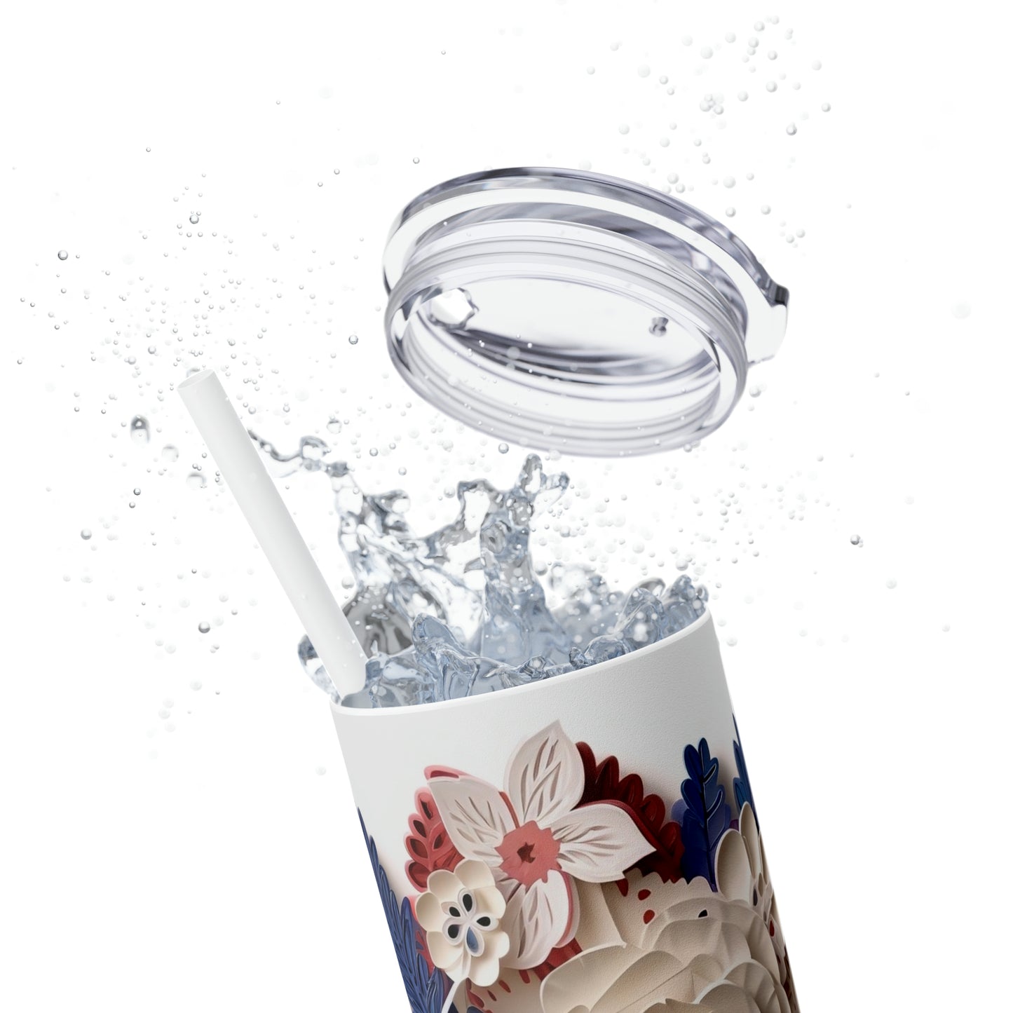 3D Flag and Flowers - Skinny Tumbler with Straw, 20oz