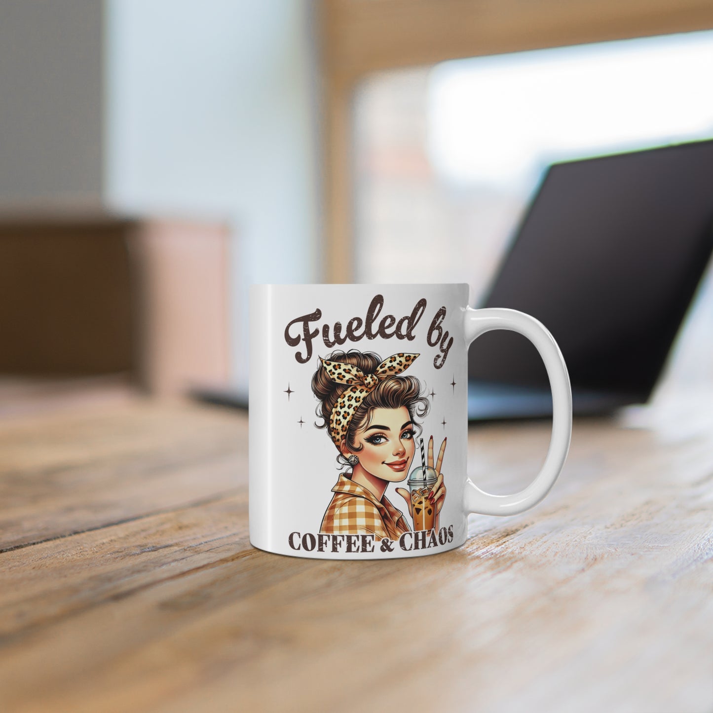 Fueled by Coffee & Chaos Mug — Retro Pinup Coffee Lover Gift