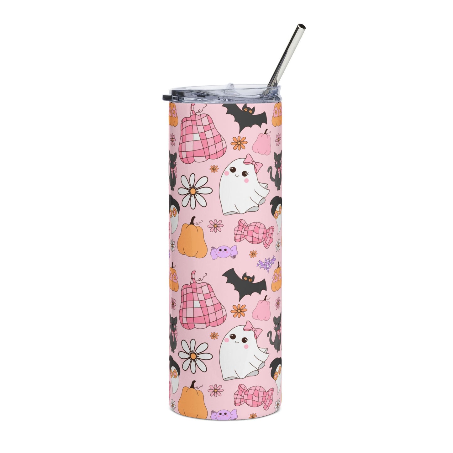 Cute Ghosts and Cats 20oz Stainless Steel Tumbler, Travel Mug, Halloween Drinkware, Gift for Cat Lovers, Colorful Insulated Cup