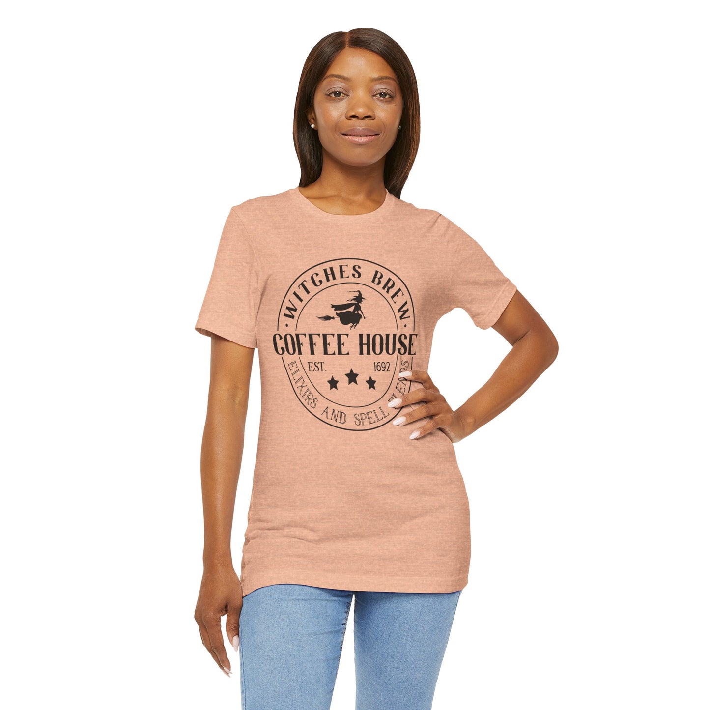 Witches Brew Coffee House Tee, Unisex Short Sleeve Shirt, Coffee Lover Gift, Halloween Apparel, Witchy T-Shirt, Casual Wear