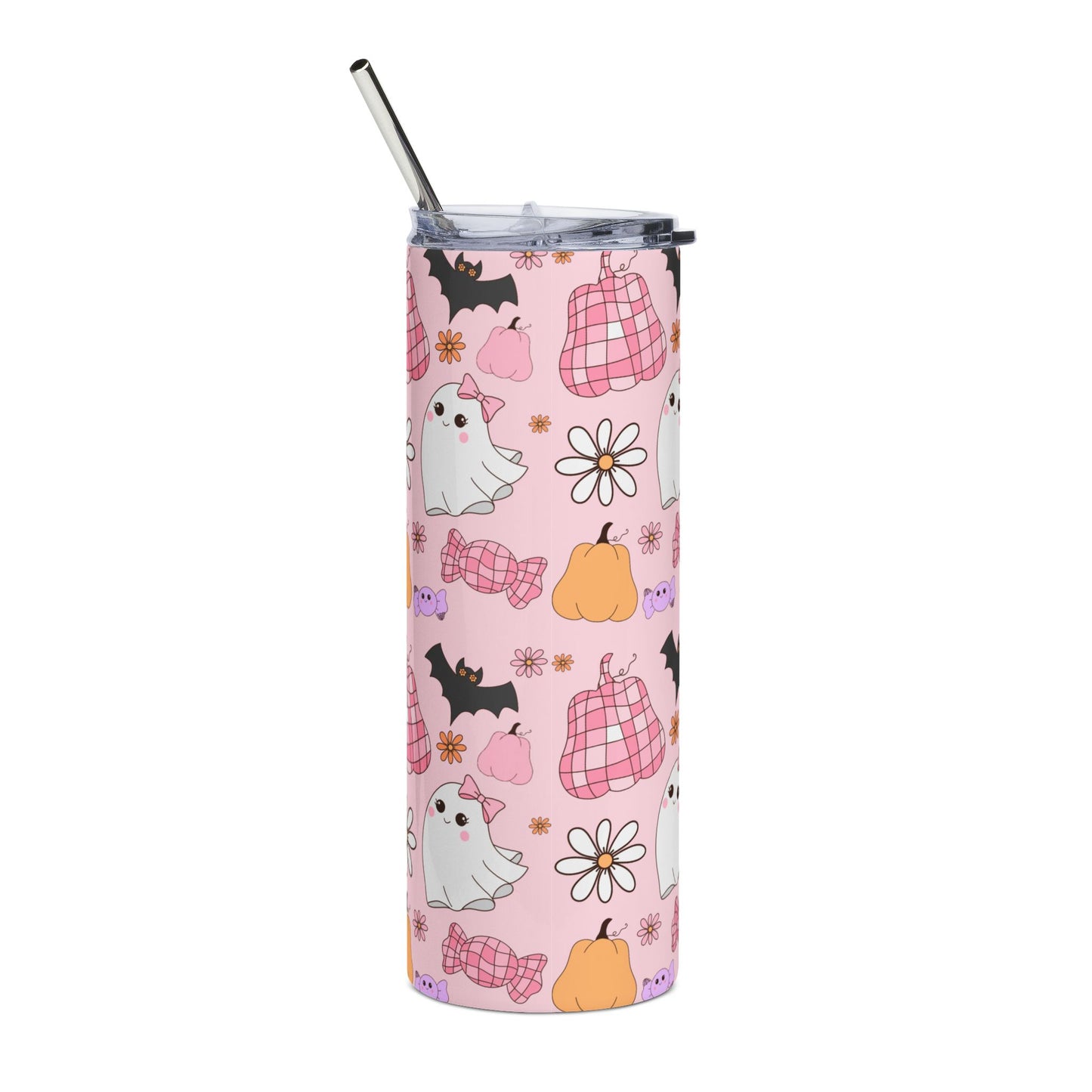 Cute Ghosts and Cats 20oz Stainless Steel Tumbler, Travel Mug, Halloween Drinkware, Gift for Cat Lovers, Colorful Insulated Cup