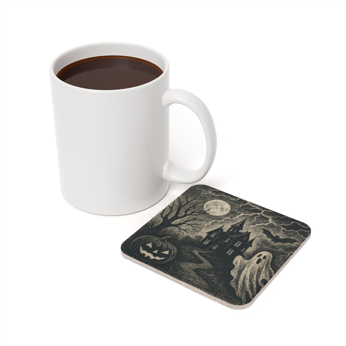 Halloween Themed Cork Back Coaster Set, Spooky Home Decor, Fall Celebration Accessory, Gift for Ghost Lovers, Festive Tableware