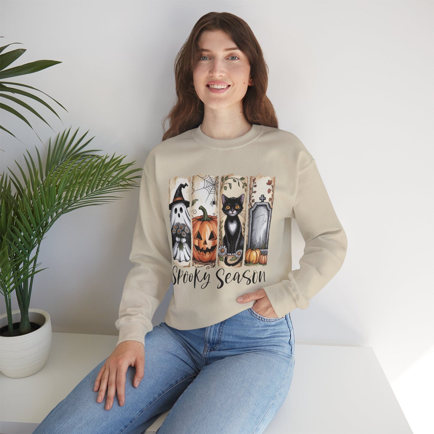 Spooky Season Crewneck Sweatshirt | Cozy Fall Apparel, Halloween Gift, Unisex Sweatshirt, Seasonal Fashion, Ghosts & Cats Design