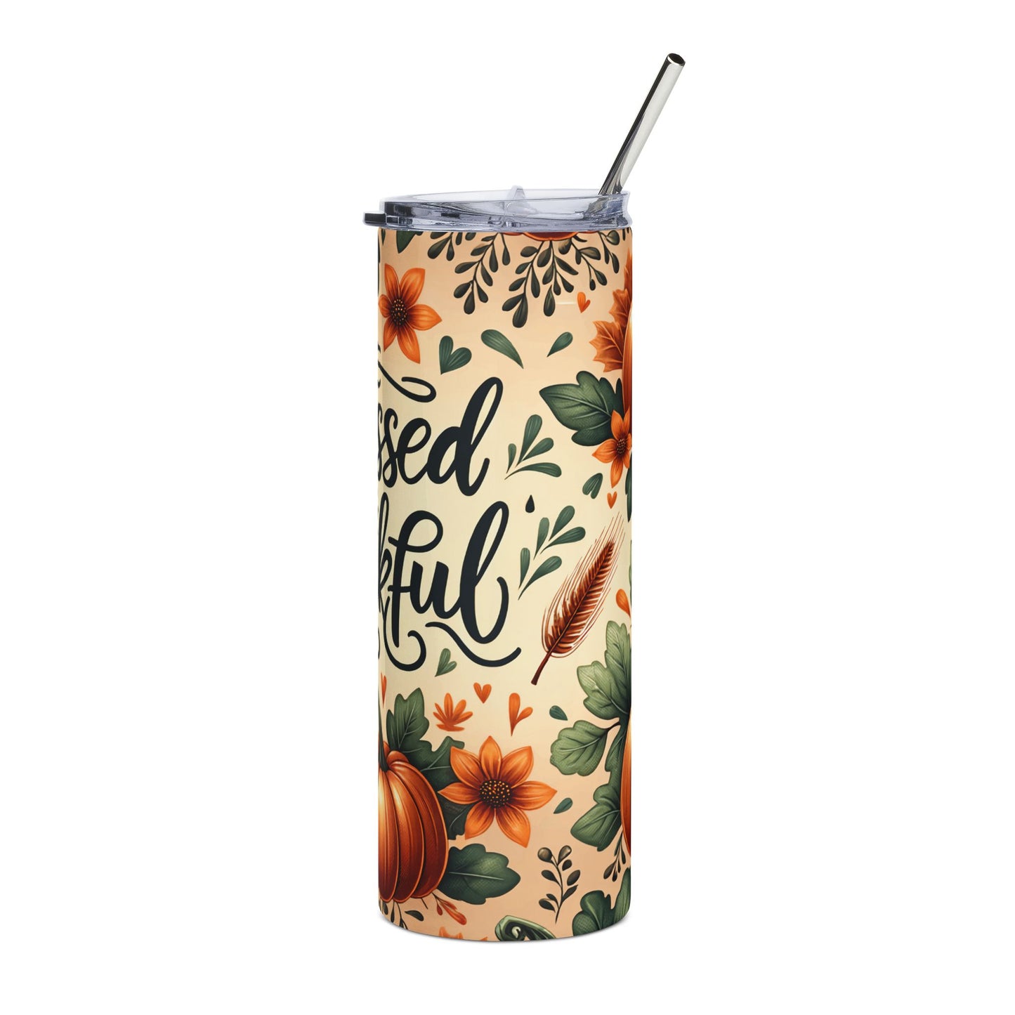 Thankful Pumpkin Stainless Steel Tumbler | 20oz Fall Travel Mug | Blessed & Thankful Cup | Autumn Gifts | Thanksgiving Decor