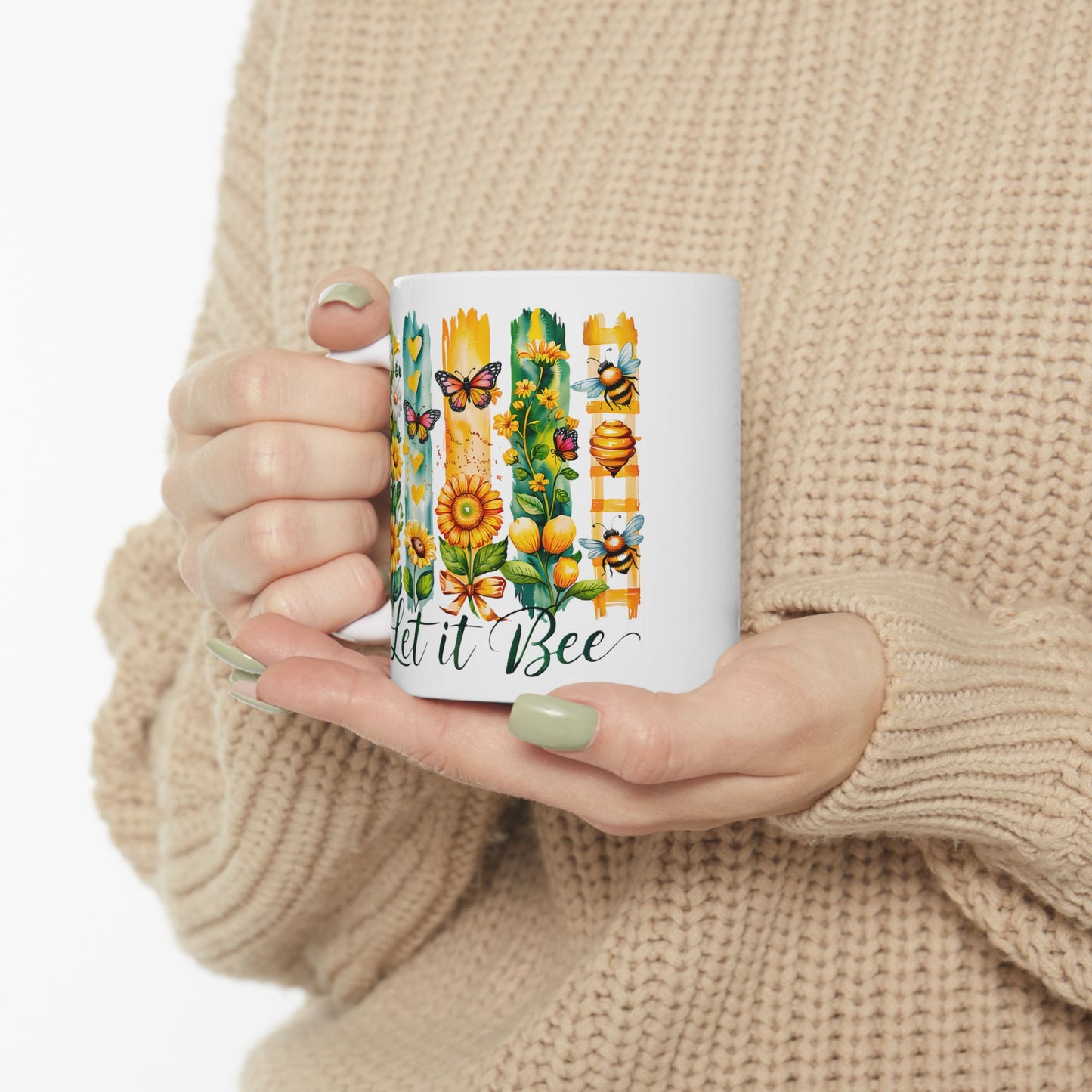 Floral Bee Ceramic Mug, Bee Lover Gift, Flower Mug, Garden Decor, Nature Lover's Coffee Cup, Spring Gift