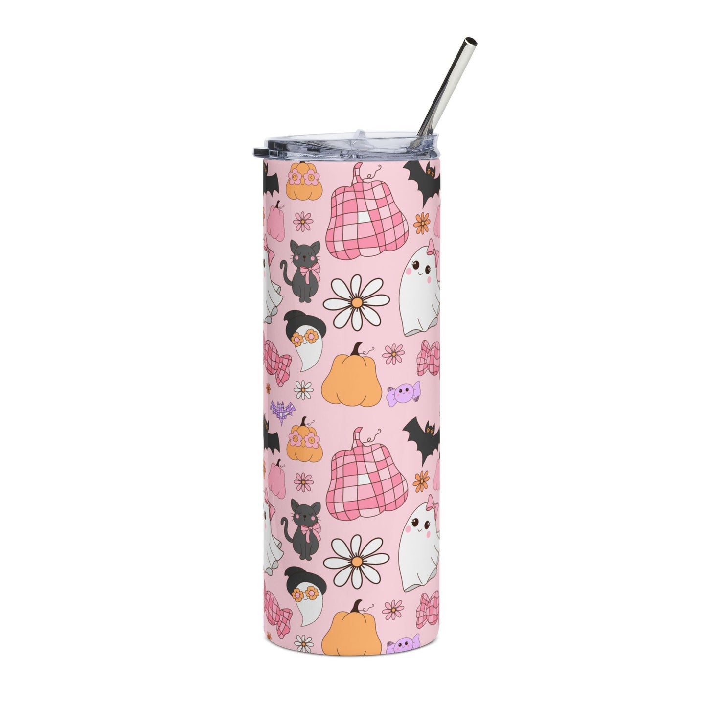 Cute Ghosts and Cats 20oz Stainless Steel Tumbler, Travel Mug, Halloween Drinkware, Gift for Cat Lovers, Colorful Insulated Cup