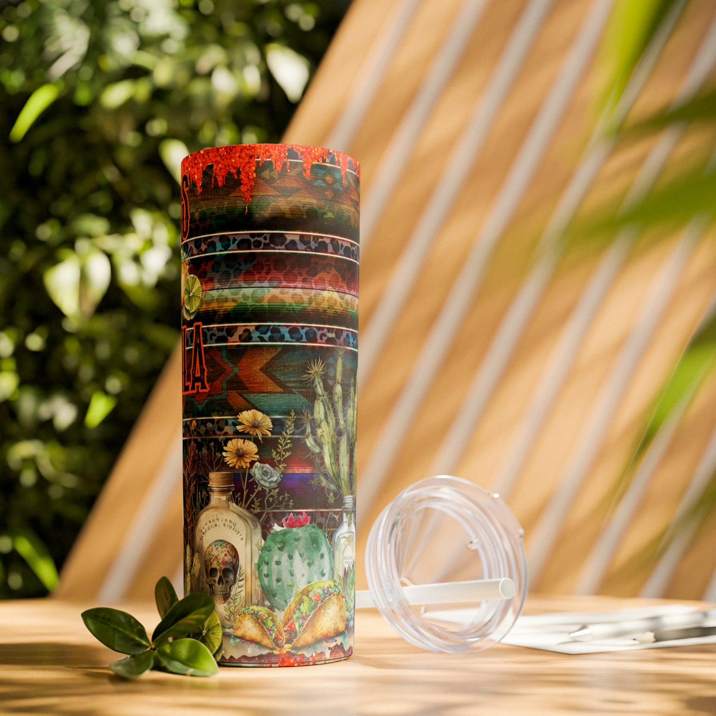 Tacos & Tequila - Skinny Tumbler with Straw, 20oz