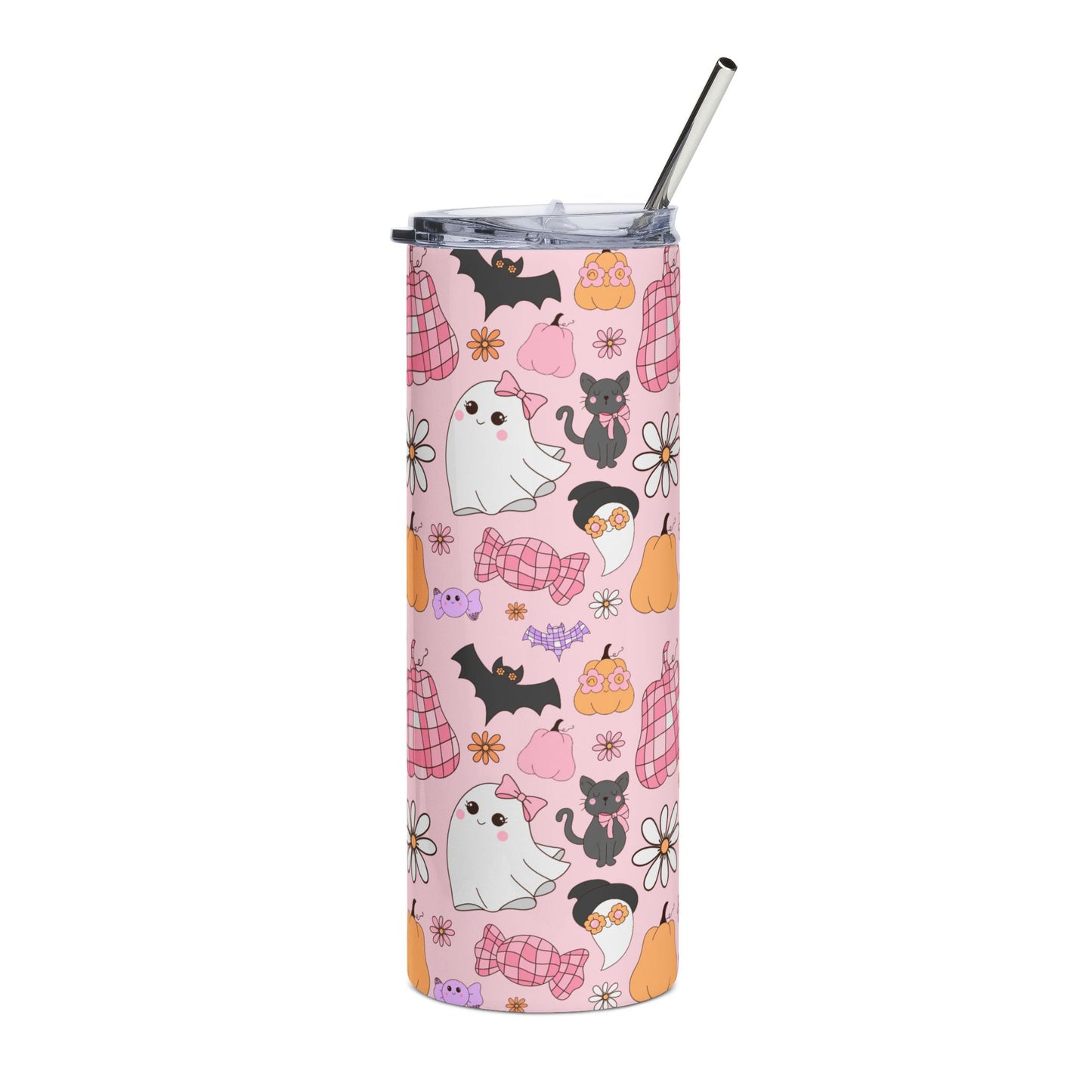 Cute Ghosts and Cats 20oz Stainless Steel Tumbler, Travel Mug, Halloween Drinkware, Gift for Cat Lovers, Colorful Insulated Cup