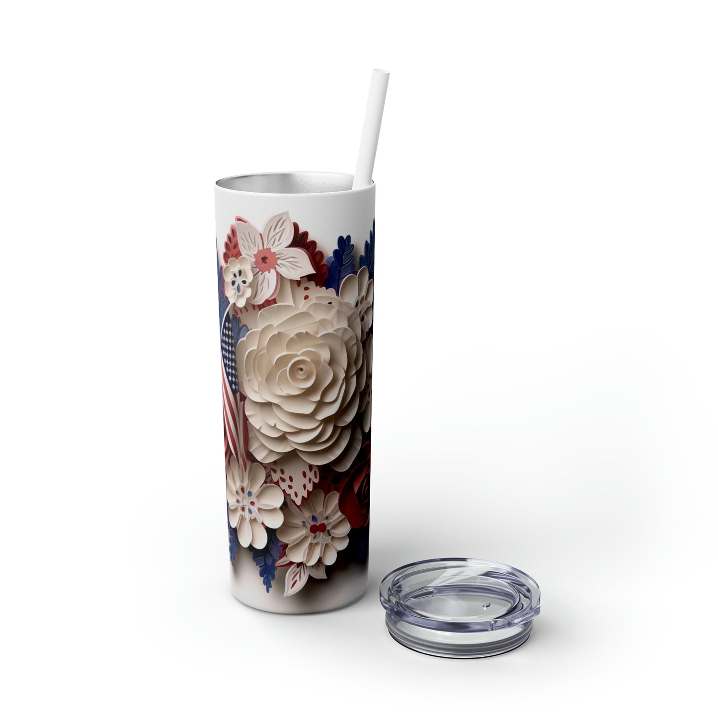 3D Flag and Flowers - Skinny Tumbler with Straw, 20oz