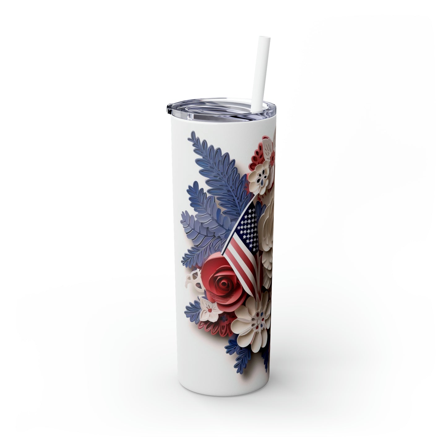 3D Flag and Flowers - Skinny Tumbler with Straw, 20oz