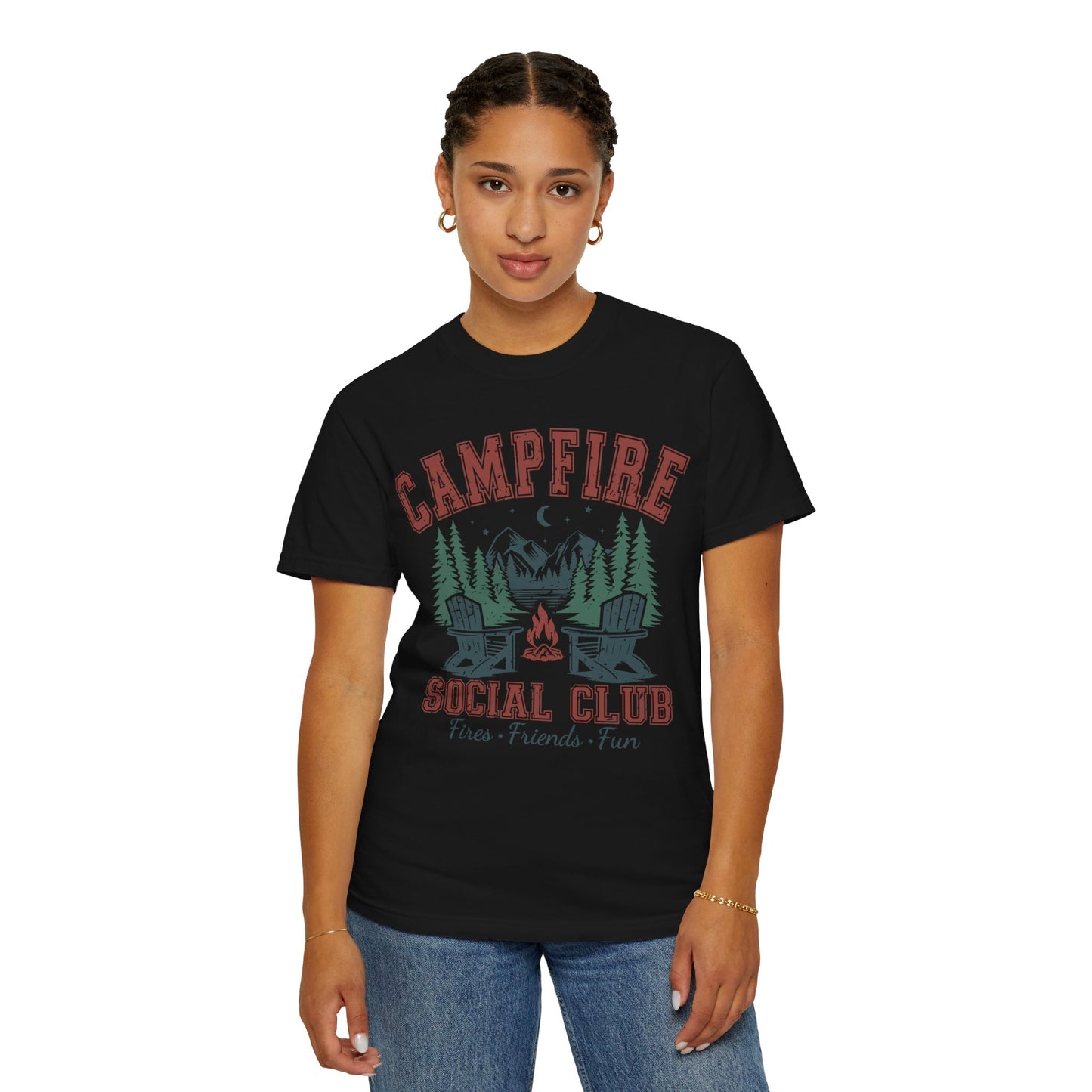 Campfire Social Club T-Shirt — Rustic Outdoor Camping Tee (Fire • Friends • Fun)