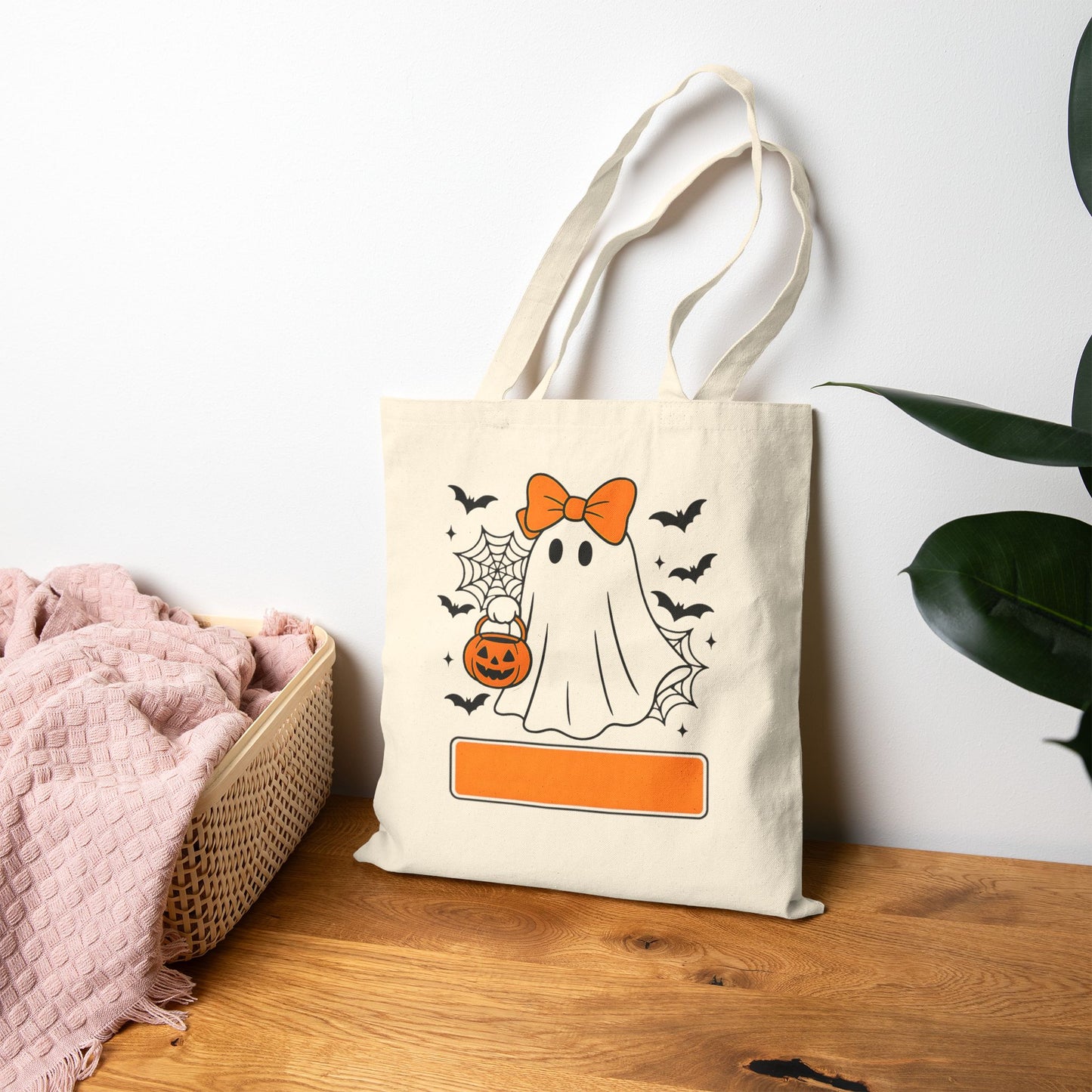 Halloween Ghost & Pumpkin Cotton Canvas Tote Bag, Eco-Friendly Shopping Bag, Fall Holiday Gift, Trick-or-Treat Tote, Cute Halloween Decor