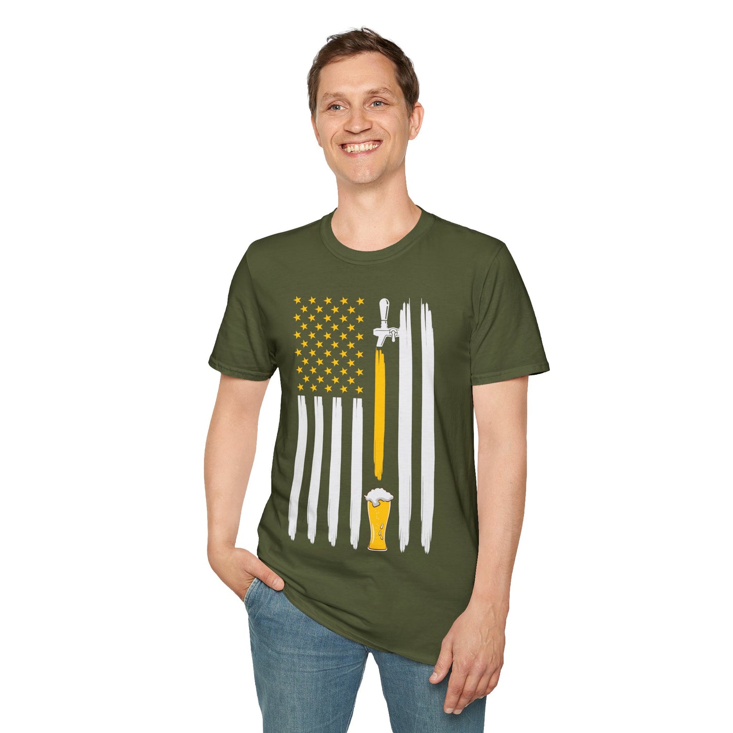 Beer American Flag - Softstyle T-Shirt