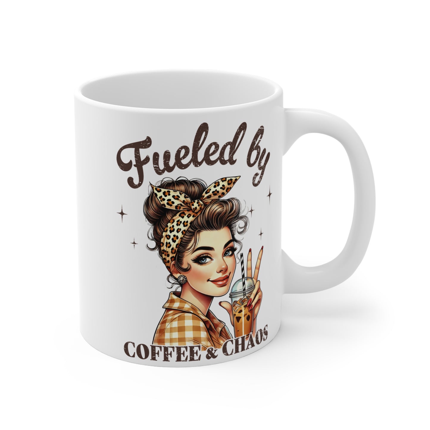 Fueled by Coffee & Chaos Mug — Retro Pinup Coffee Lover Gift