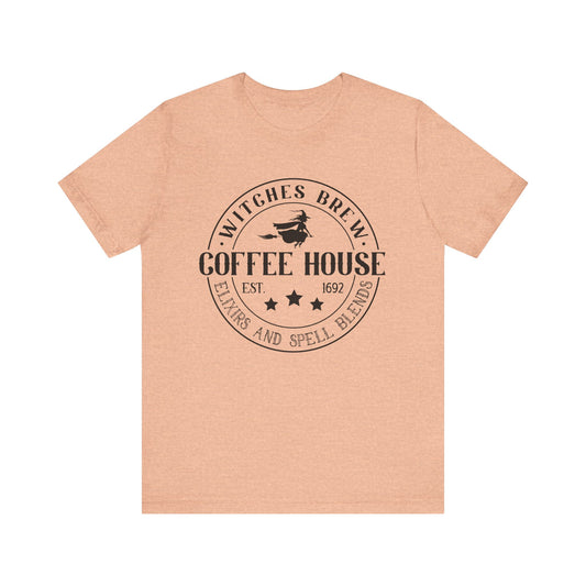 Witches Brew Coffee House Tee, Unisex Short Sleeve Shirt, Coffee Lover Gift, Halloween Apparel, Witchy T-Shirt, Casual Wear