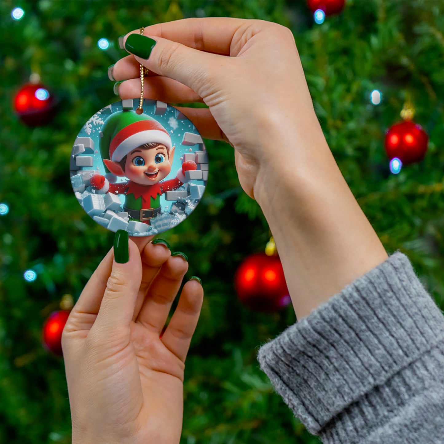 Ceramic Ornament, Christmas Elf Breaking Through Ice Wall 1-Pack