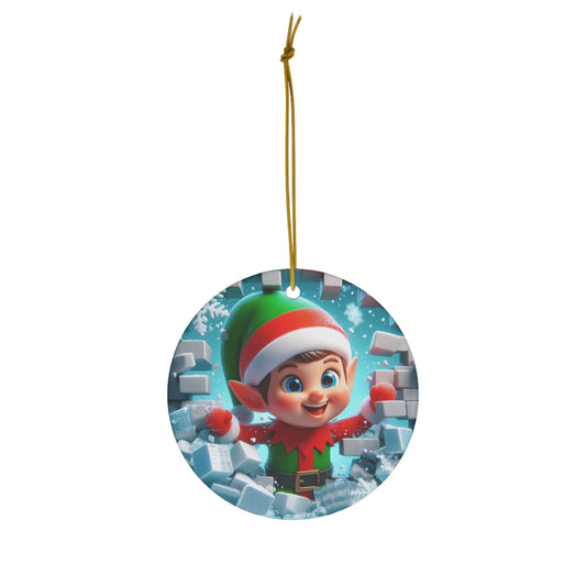 Ceramic Ornament, Christmas Elf Breaking Through Ice Wall 1-Pack