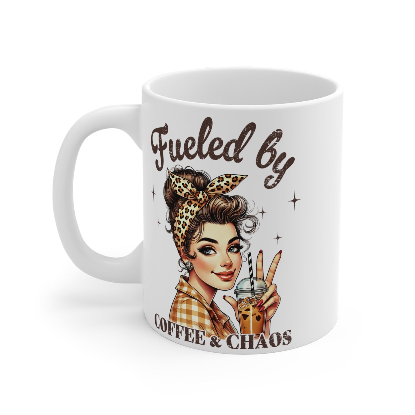 Fueled by Coffee & Chaos Mug — Retro Pinup Coffee Lover Gift