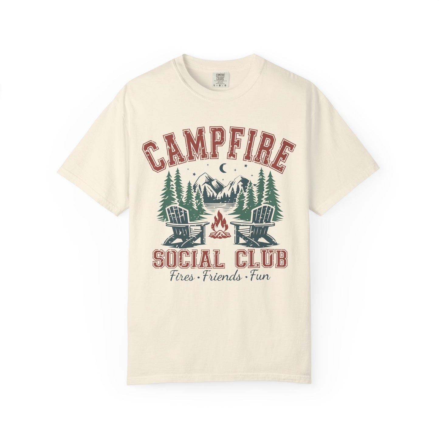 Campfire Social Club T-Shirt — Rustic Outdoor Camping Tee (Fire • Friends • Fun)