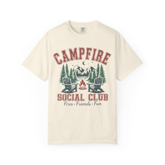 Campfire Social Club T-Shirt — Rustic Outdoor Camping Tee (Fire • Friends • Fun)