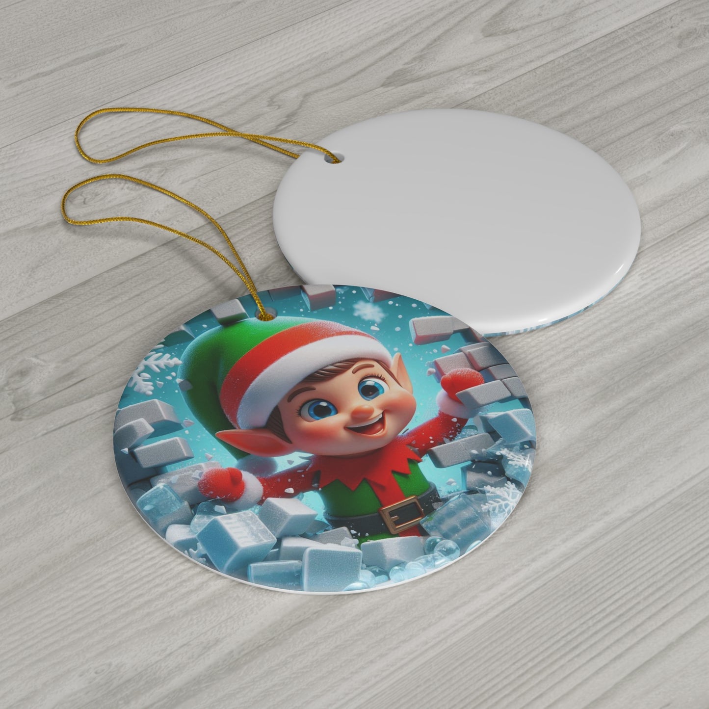 Ceramic Ornament, Christmas Elf Breaking Through Ice Wall 1-Pack