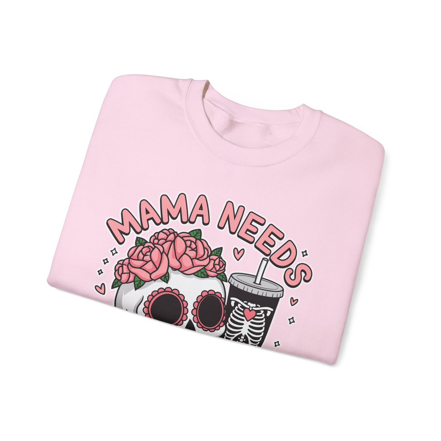 Mama Needs Coffee Skull Sweatshirt, Cozy Crewneck for Moms, Gift for Coffee Lovers, Everyday Comfort, Fun Casual Wear