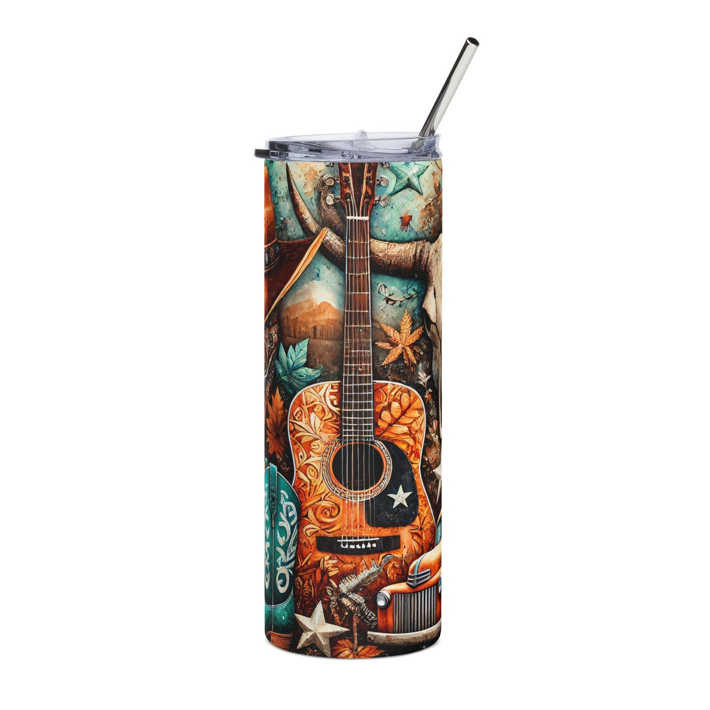 Rustic Western Stainless Steel Tumbler, 20oz - Boho Guitar & Cowboy Gear Designs, Perfect for Camping, Gifts, Road Trips, Summer BBQs, [...]