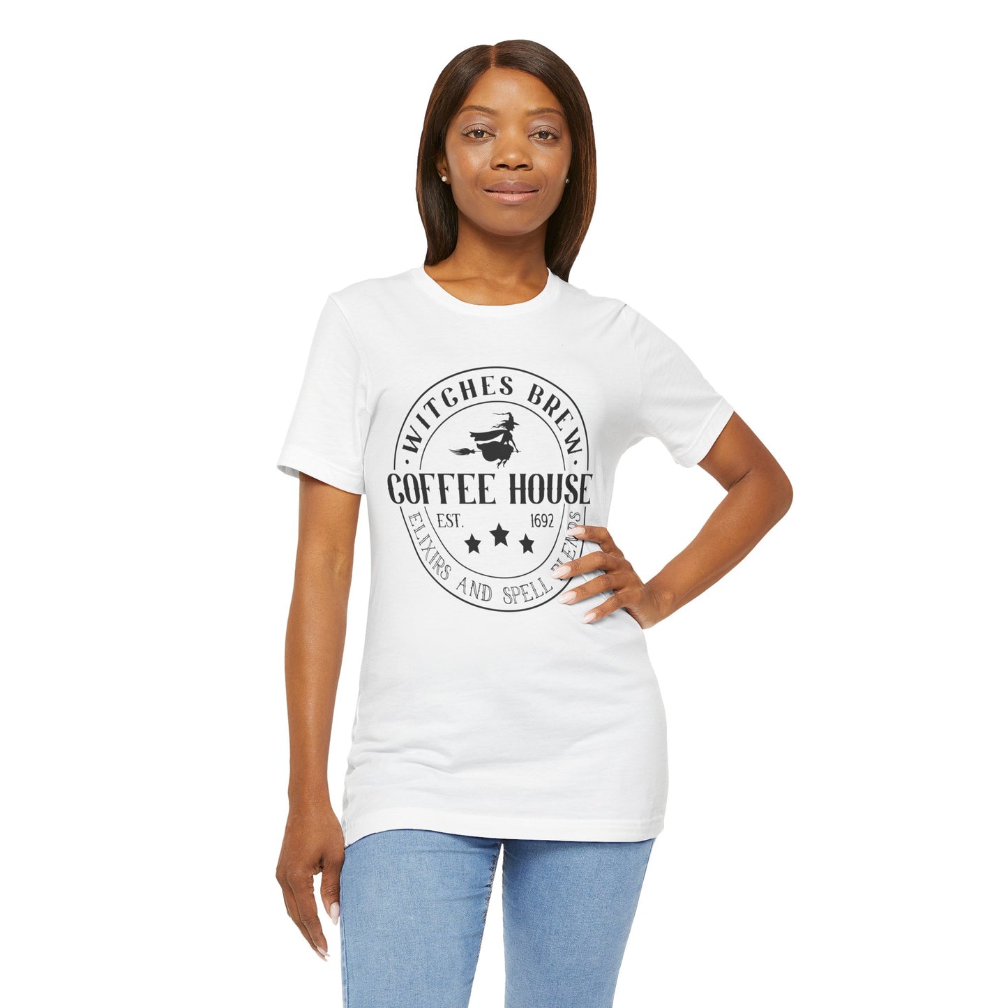 Witches Brew Coffee House Tee, Unisex Short Sleeve Shirt, Coffee Lover Gift, Halloween Apparel, Witchy T-Shirt, Casual Wear