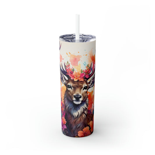Deer with Flowers Abstract - Skinny Tumbler with Straw, 20oz
