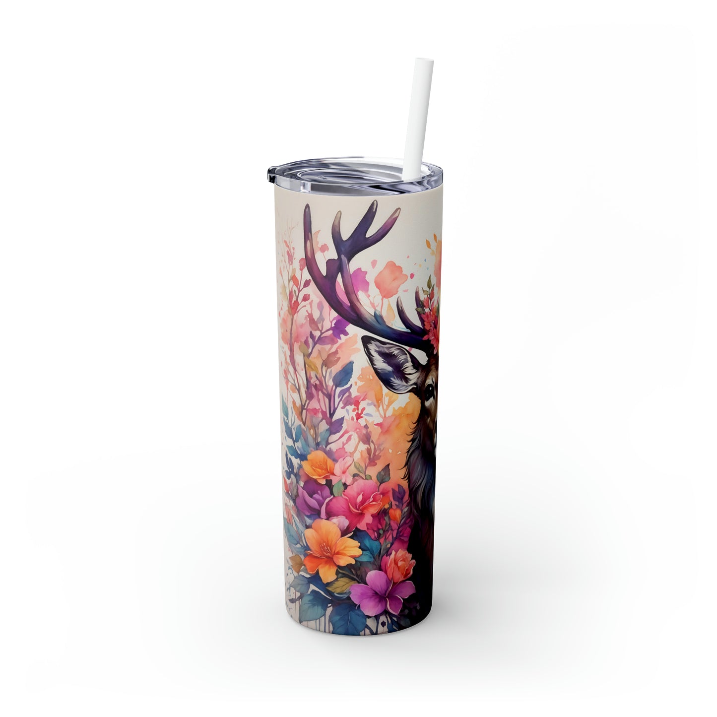 Deer with Flowers Abstract - Skinny Tumbler with Straw, 20oz