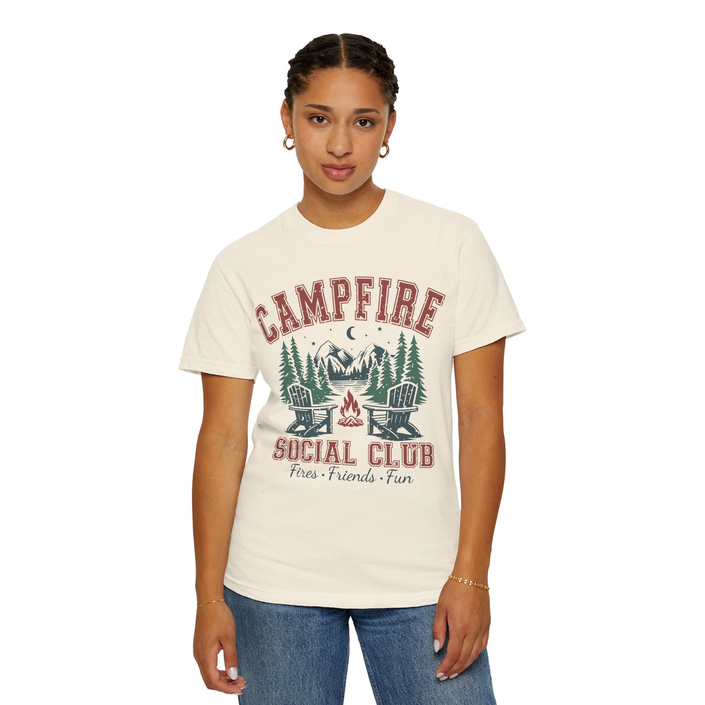 Campfire Social Club T-Shirt — Rustic Outdoor Camping Tee (Fire • Friends • Fun)