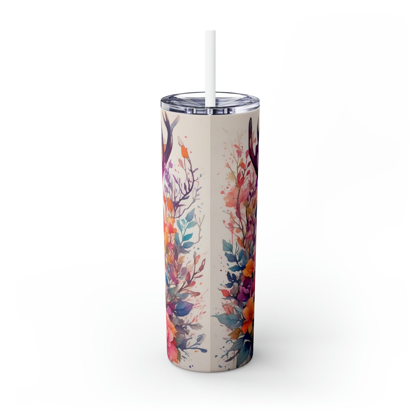 Deer with Flowers Abstract - Skinny Tumbler with Straw, 20oz