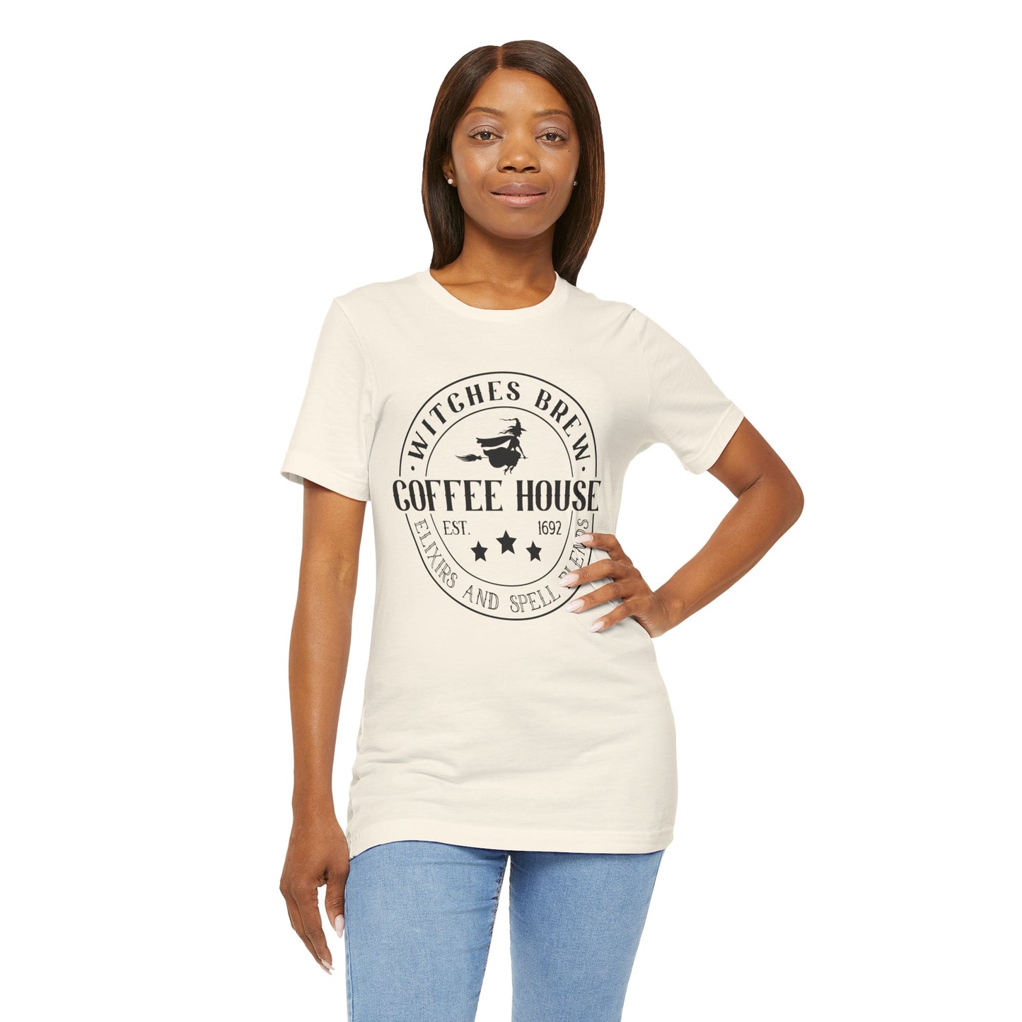 Witches Brew Coffee House Tee, Unisex Short Sleeve Shirt, Coffee Lover Gift, Halloween Apparel, Witchy T-Shirt, Casual Wear