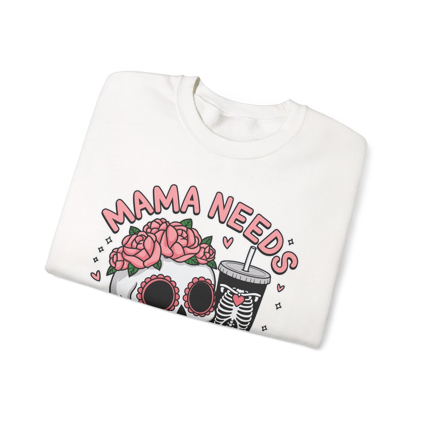 Mama Needs Coffee Skull Sweatshirt, Cozy Crewneck for Moms, Gift for Coffee Lovers, Everyday Comfort, Fun Casual Wear