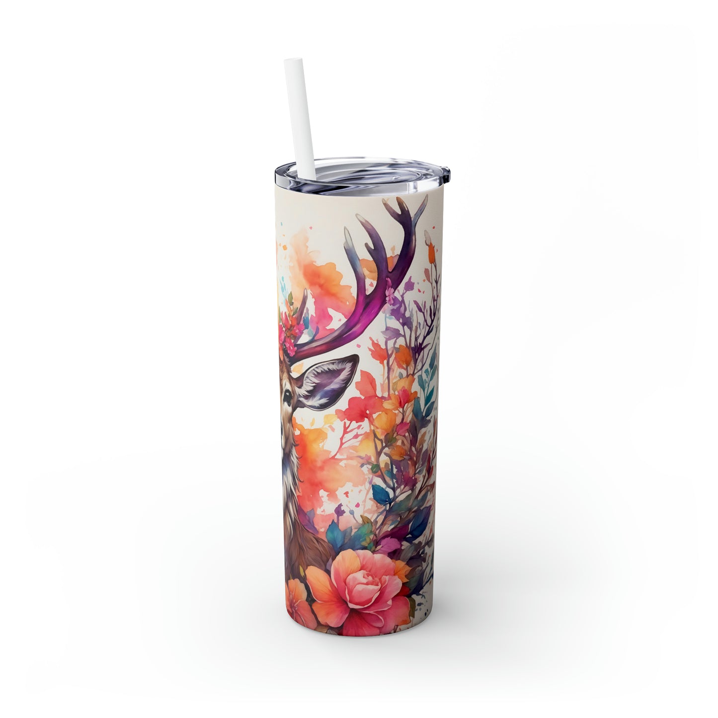Deer with Flowers Abstract - Skinny Tumbler with Straw, 20oz