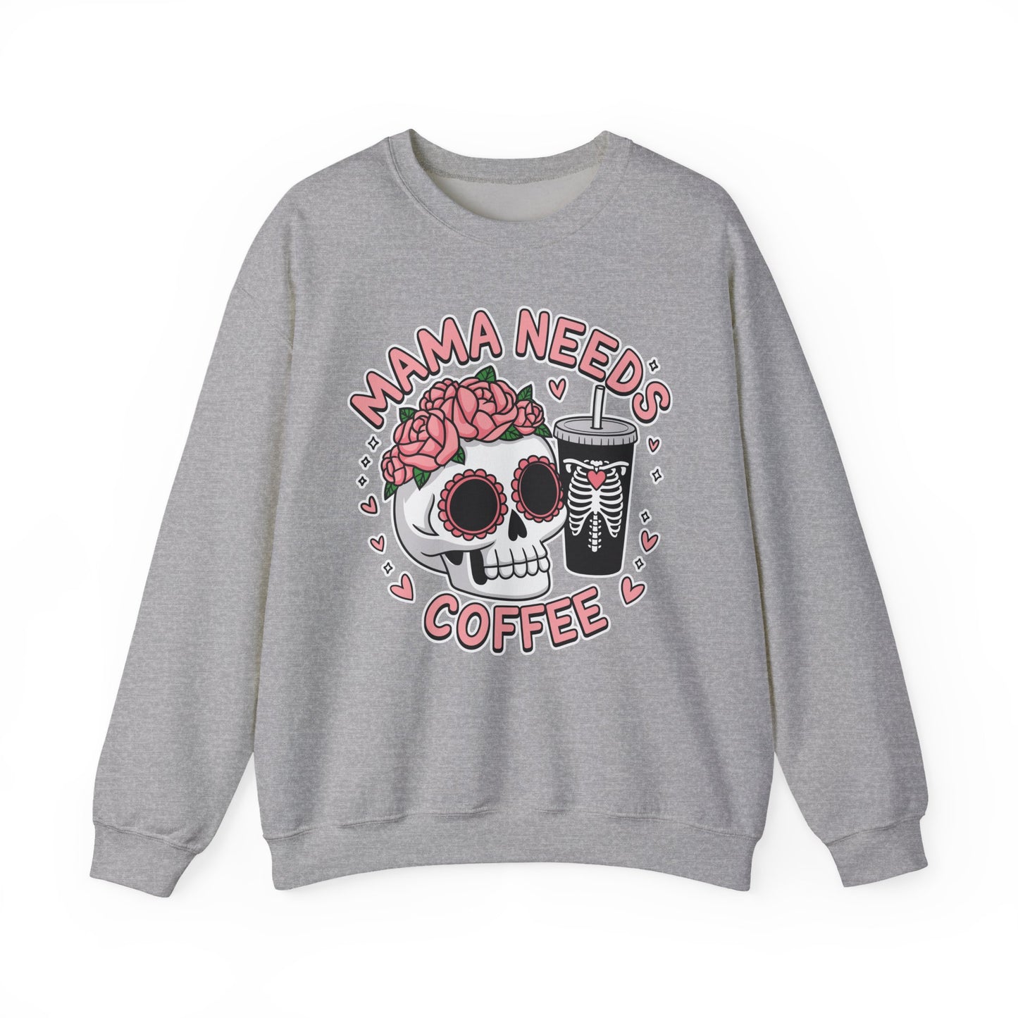 Mama Needs Coffee Skull Sweatshirt, Cozy Crewneck for Moms, Gift for Coffee Lovers, Everyday Comfort, Fun Casual Wear