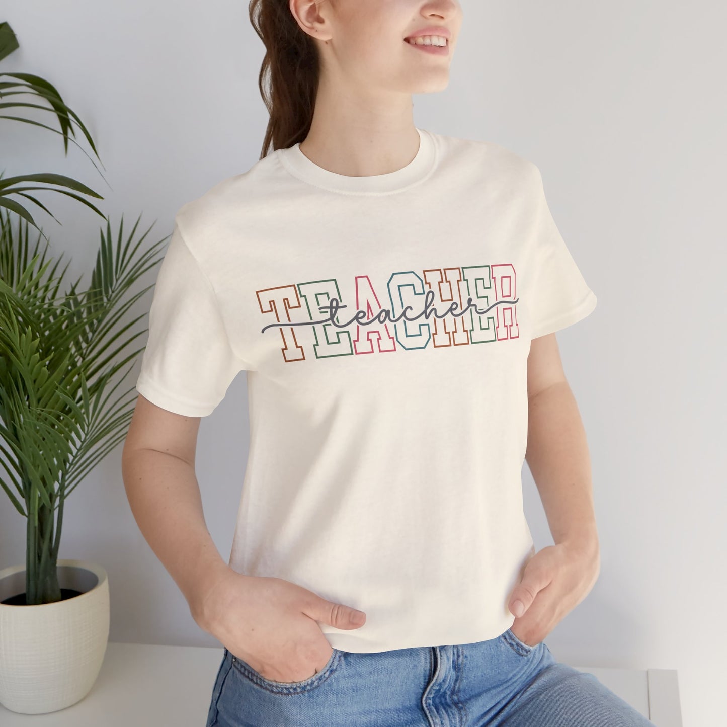 Colorful 'Teacher' Unisex Jersey Short Sleeve Tee - Perfect Gift for Educators
