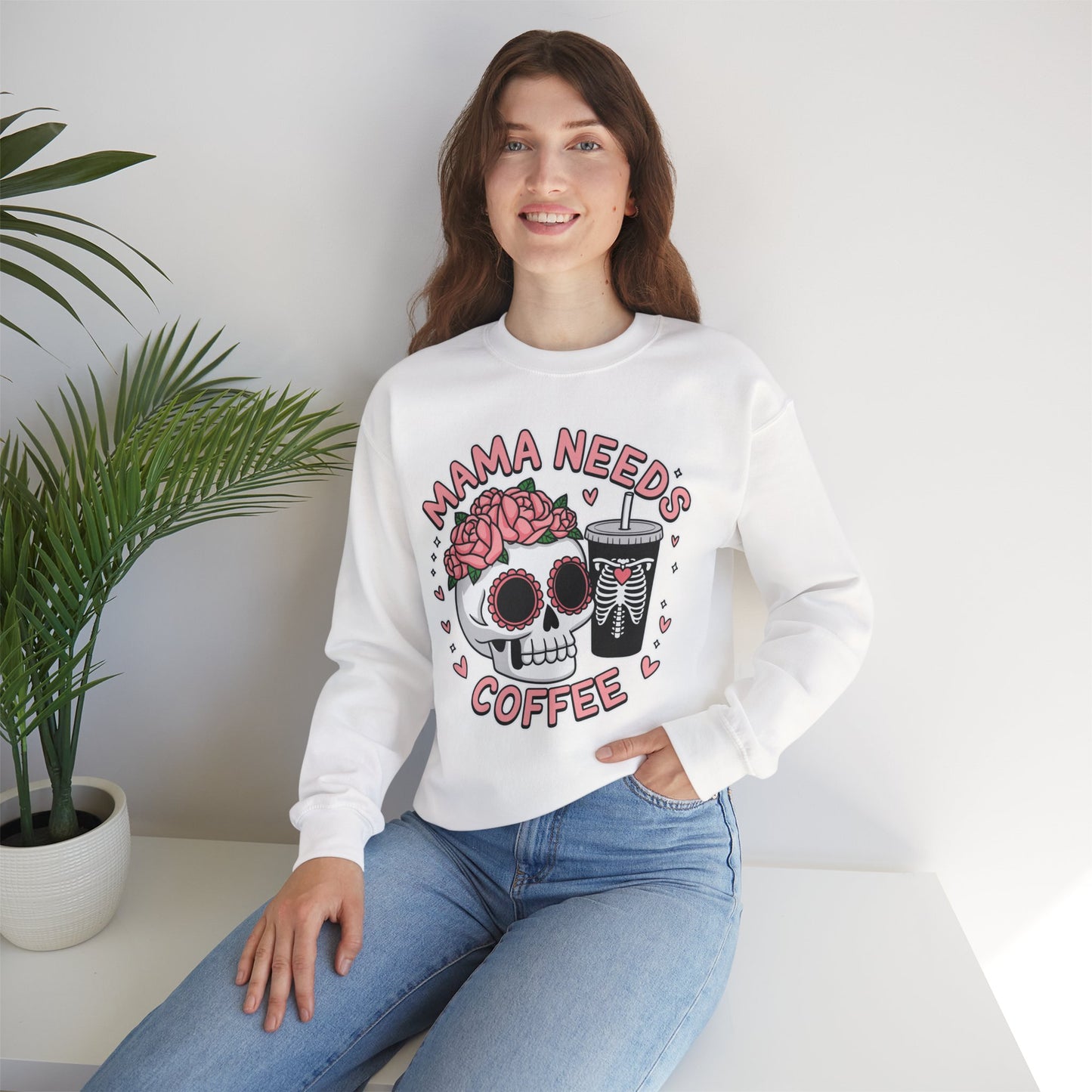Mama Needs Coffee Skull Sweatshirt, Cozy Crewneck for Moms, Gift for Coffee Lovers, Everyday Comfort, Fun Casual Wear