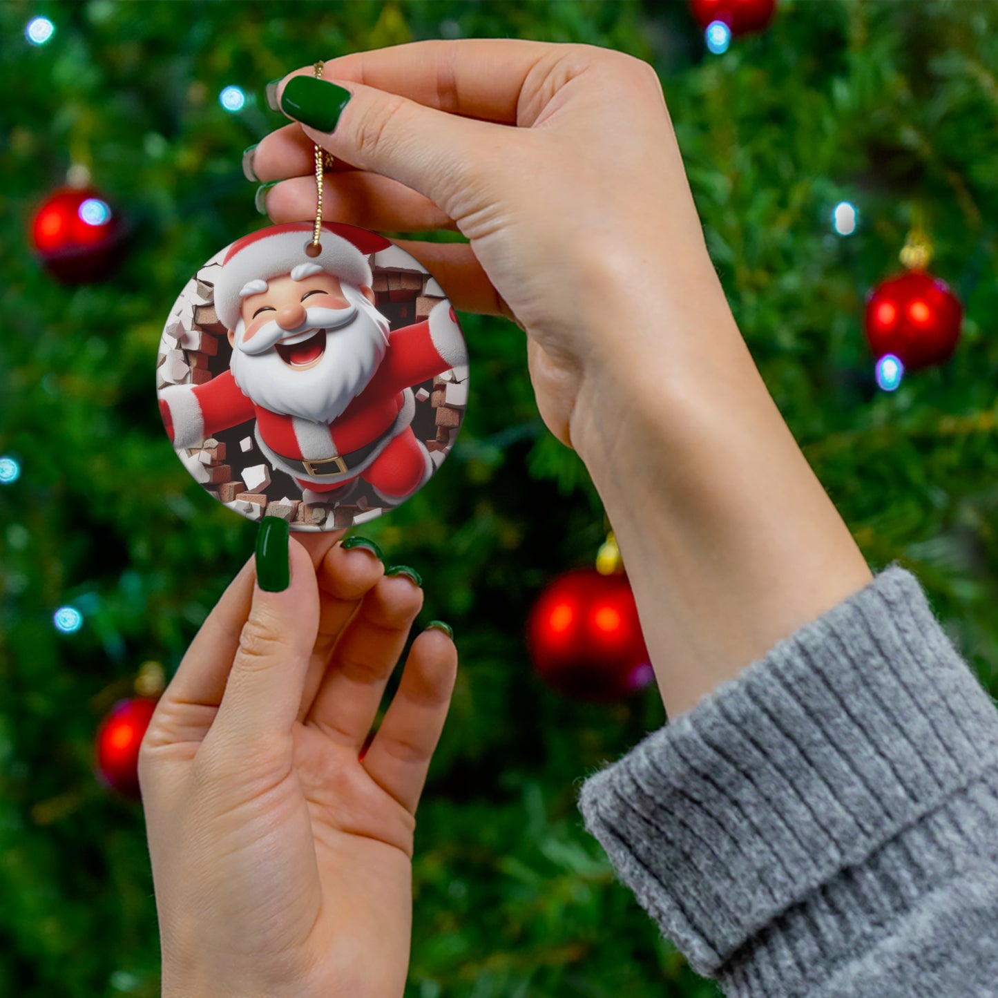Ceramic Ornament. Santa breaking through wall, 1-Pack
