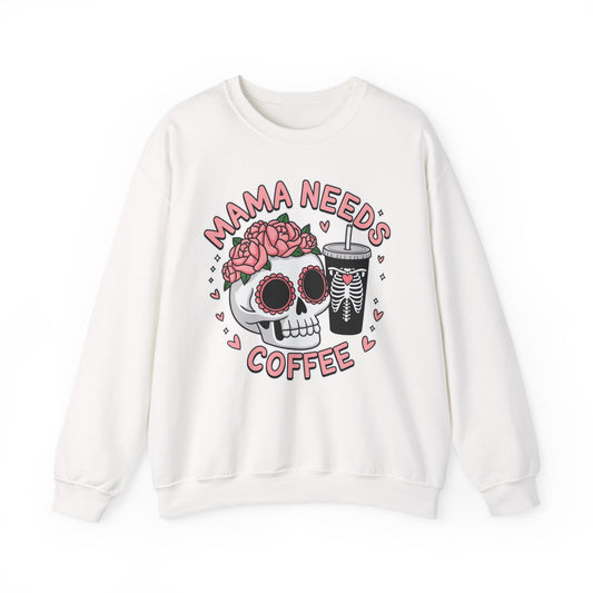 Mama Needs Coffee Skull Sweatshirt, Cozy Crewneck for Moms, Gift for Coffee Lovers, Everyday Comfort, Fun Casual Wear