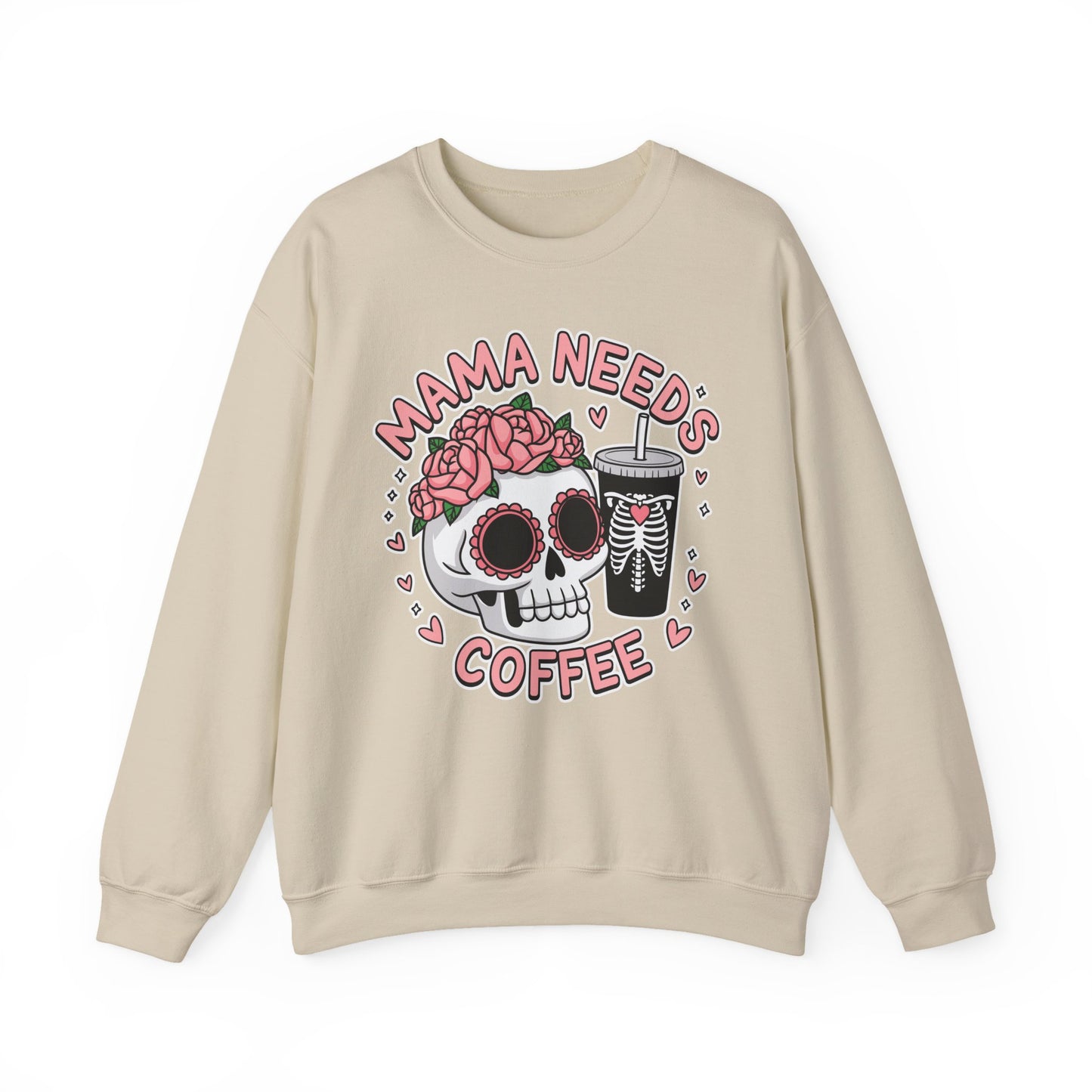 Mama Needs Coffee Skull Sweatshirt, Cozy Crewneck for Moms, Gift for Coffee Lovers, Everyday Comfort, Fun Casual Wear
