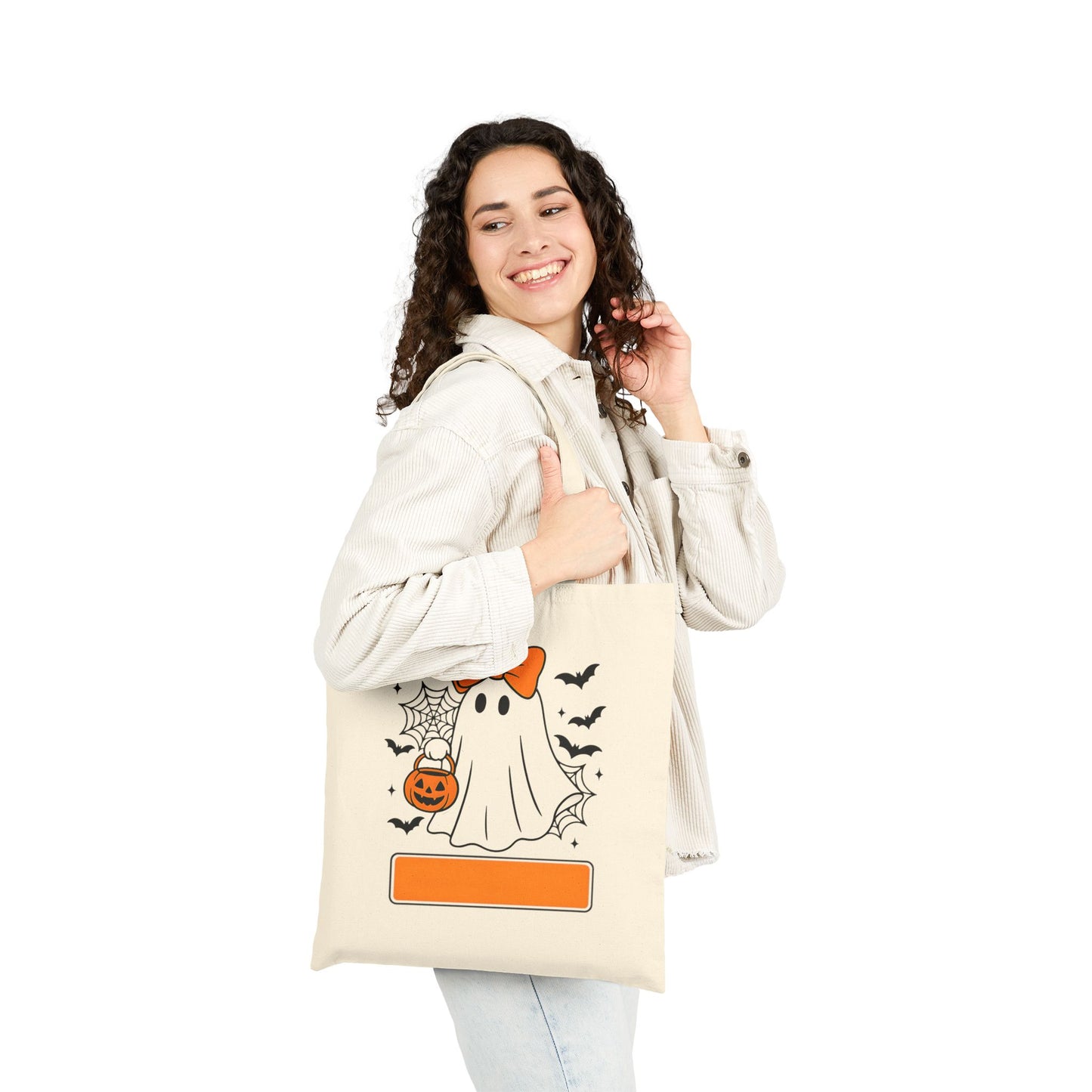 Halloween Ghost & Pumpkin Cotton Canvas Tote Bag, Eco-Friendly Shopping Bag, Fall Holiday Gift, Trick-or-Treat Tote, Cute Halloween Decor