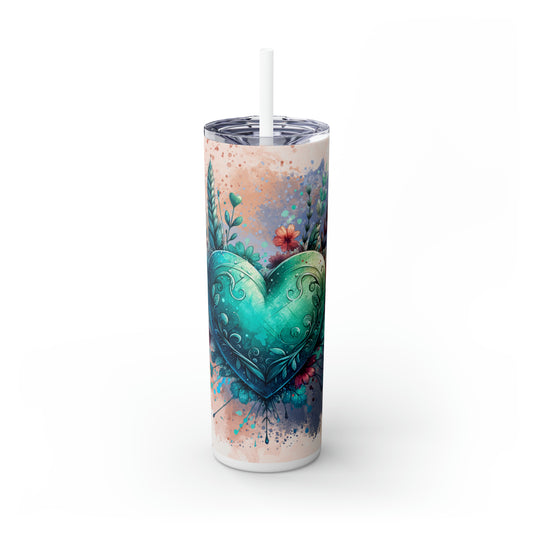 Aqua Blue Heart - Skinny Tumbler with Straw, 20oz