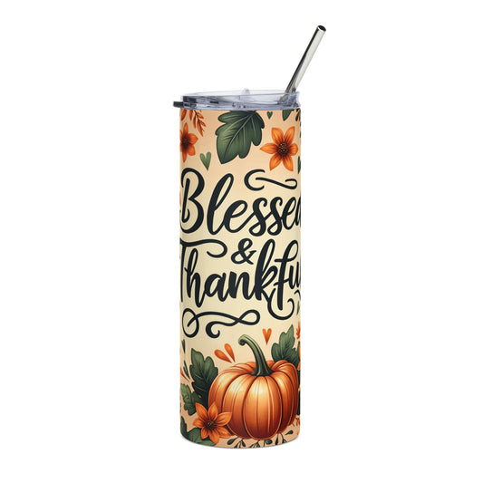 Thankful Pumpkin Stainless Steel Tumbler | 20oz Fall Travel Mug | Blessed & Thankful Cup | Autumn Gifts | Thanksgiving Decor