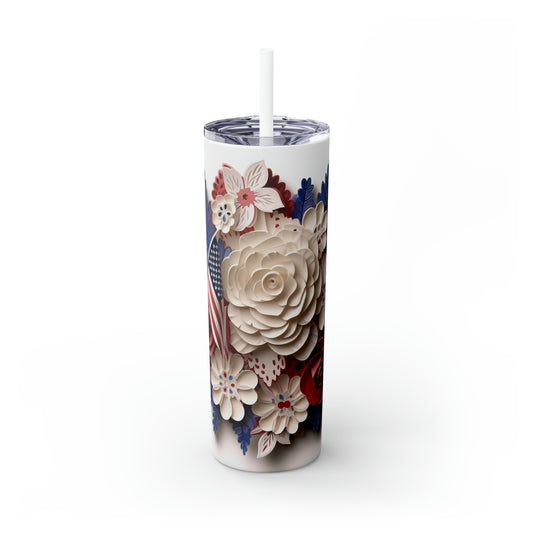 3D Flag and Flowers - Skinny Tumbler with Straw, 20oz