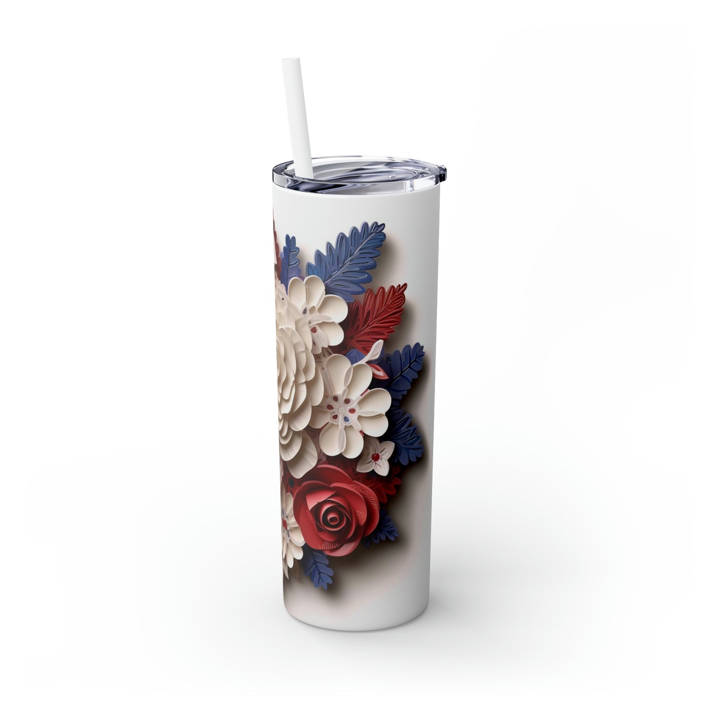 3D Flag and Flowers - Skinny Tumbler with Straw, 20oz